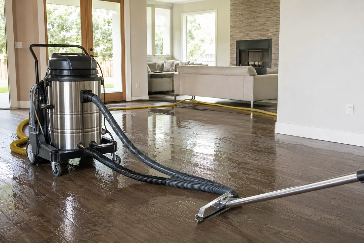 Emergency water extraction equipment removing standing water from a Houston property