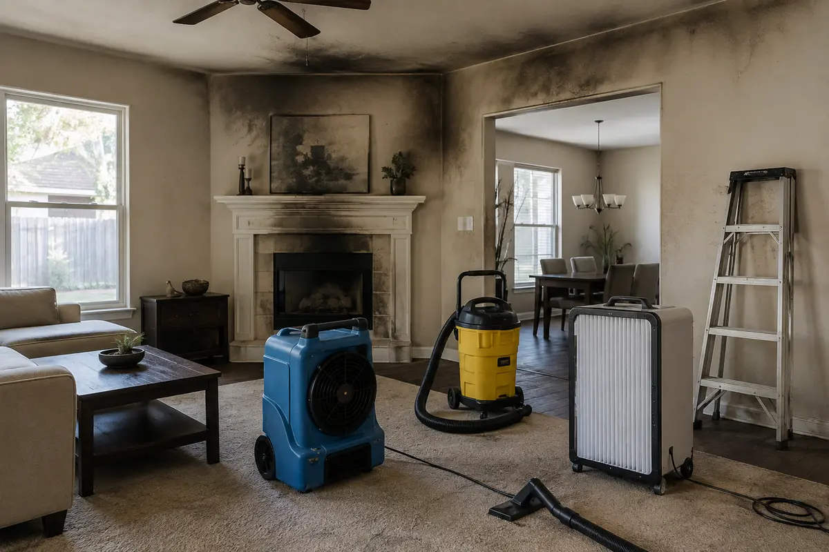 Fire and smoke damage cleanup equipment in a Houston-area home