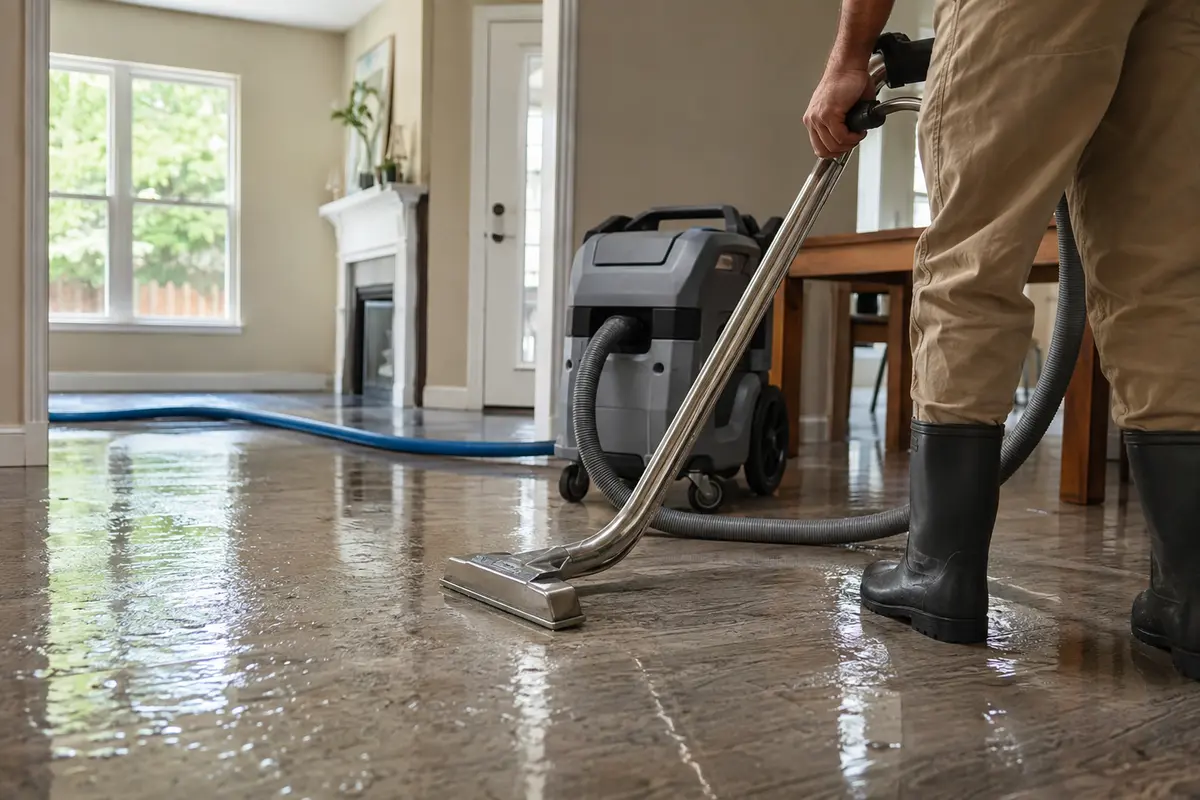Flood damage cleanup equipment removing standing water from a Houston-area property
