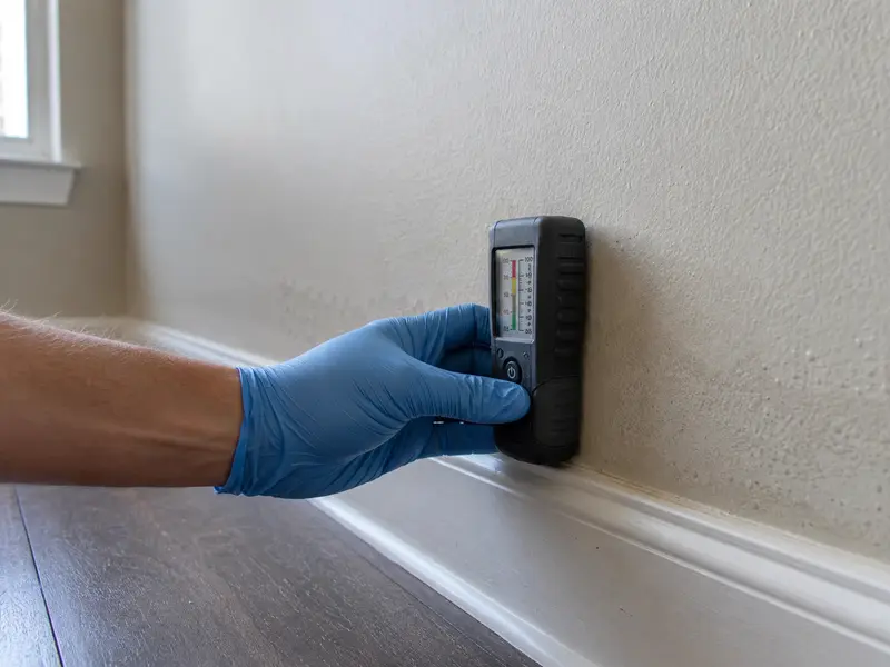 Moisture meter checking hidden water damage in a wall