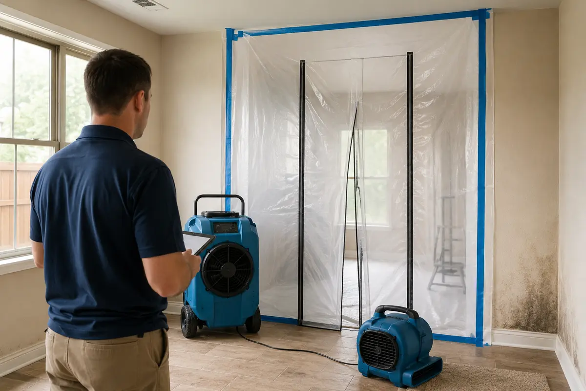 Mold remediation containment and air filtration equipment in a Houston-area property