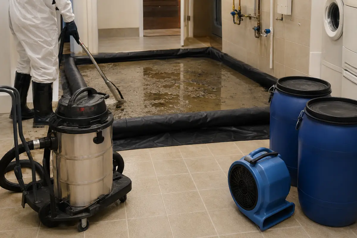 Sewage cleanup extraction equipment in a contained Houston-area utility room