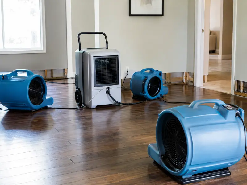 Air movers and dehumidifiers drying a water-damaged interior